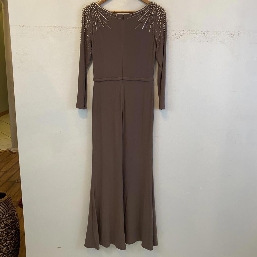 IEENA MAC DUGGAL taupe jersey faux wrap beaded maxi formal dress sz 6 - Picture 3 of 6
